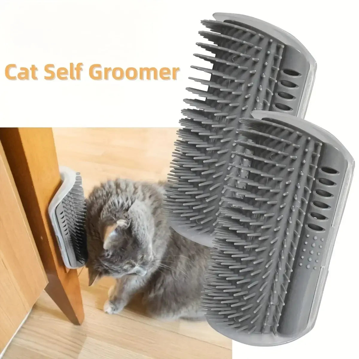 Cat self groomer with a cat using it on a wooden floor.