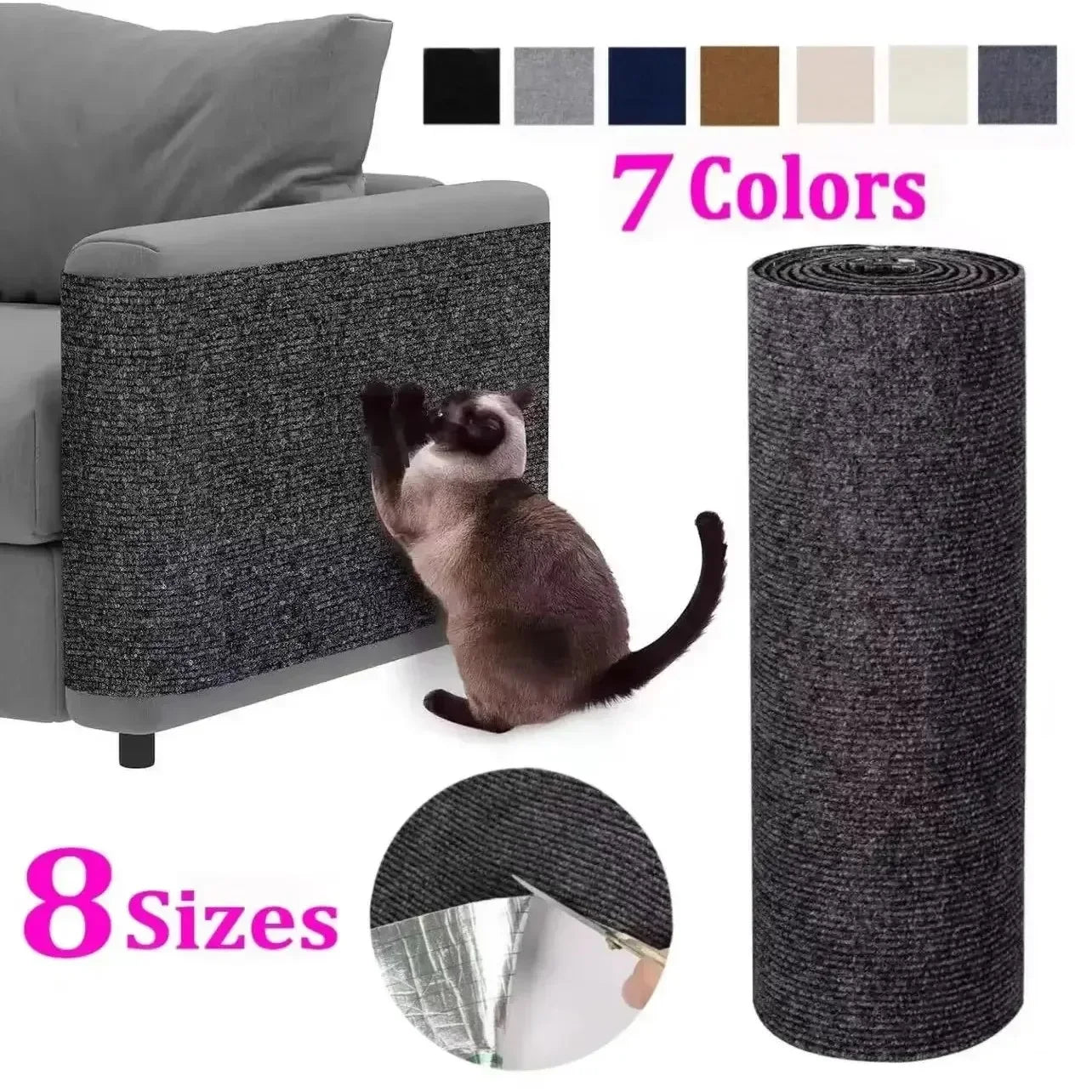 Cat climbing on a textured armrest with a roll of carpet and color swatches displayed.

