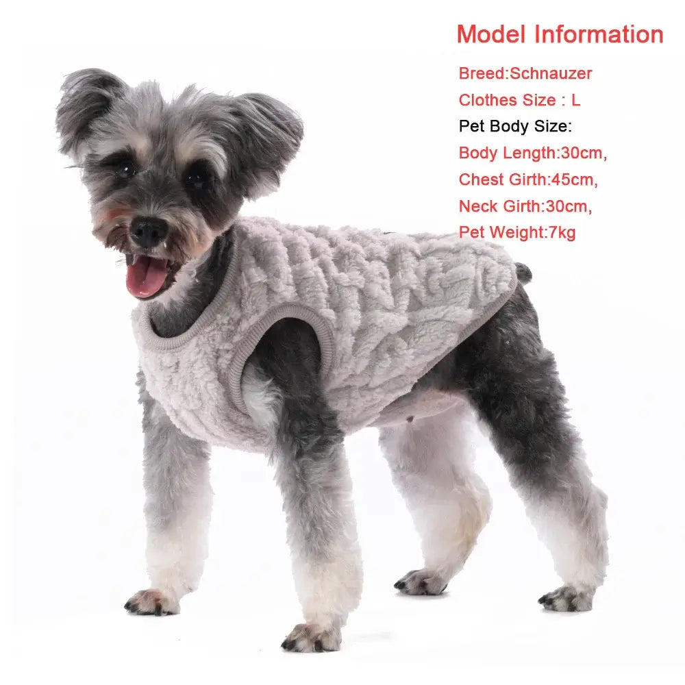 this image shows the brand of the dog fleece jacket, sizes available, and the dimensions