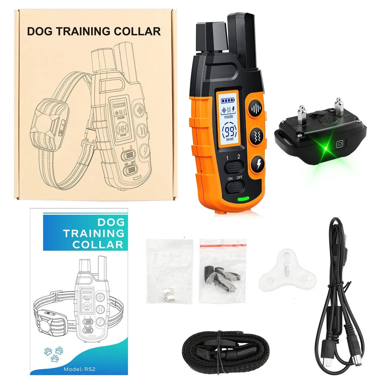 Dog training collar set with packaging, receiver, and accessories on a white background

