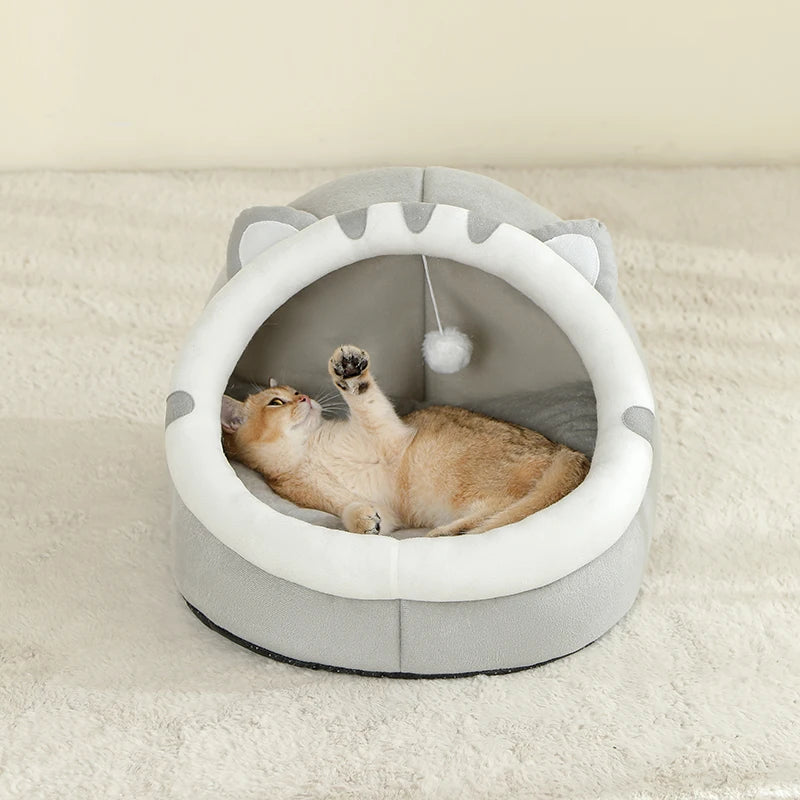 Cat lying in a gray pet bed with cat ears on a beige carpet

