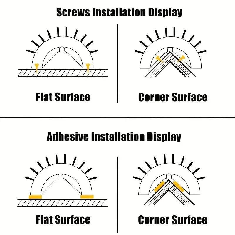 Illustrations showing screws and adhesive installation on flat and corner surfaces.

