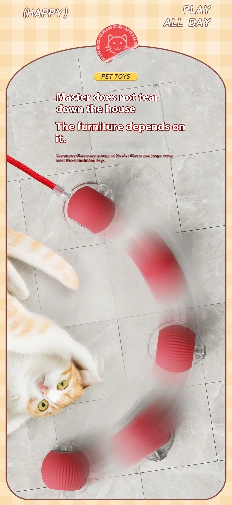 Cat playing with a red toy on a tiled floor, with text about the cat's behavior and product features.