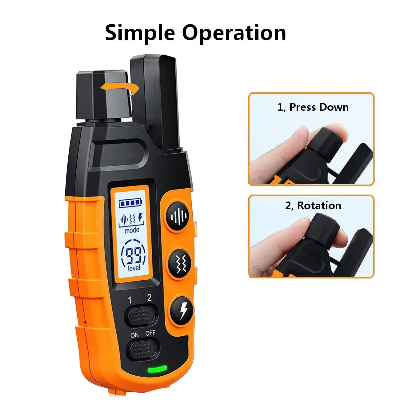 Orange and black device with digital display and buttons, showing simple operation instructions.