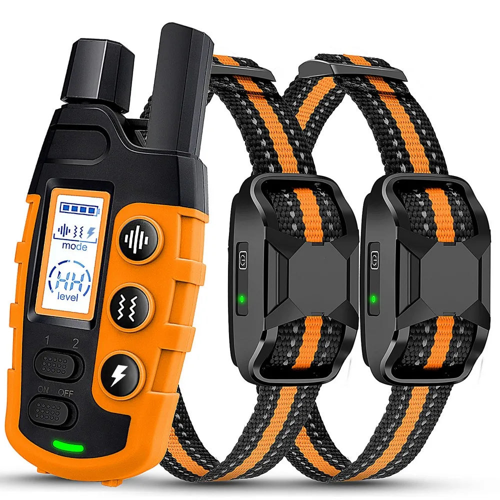 Orange and black electronic device with two matching collars on a white background