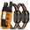 Orange and black electronic device with two matching collars on a white background