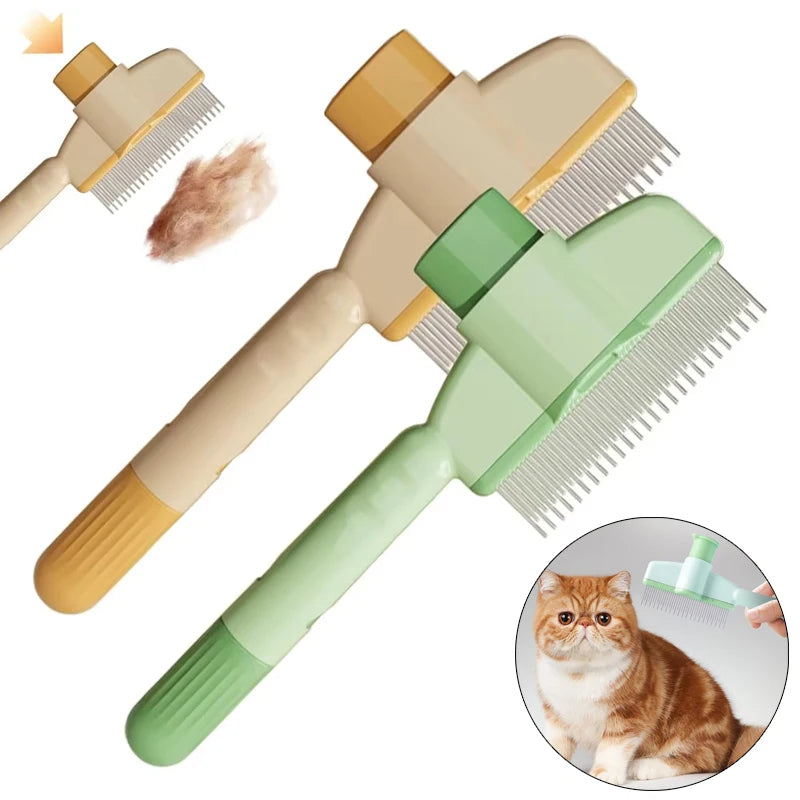 Two pet grooming brushes, one beige and one green, with a close-up of fur and a cat on a white background.