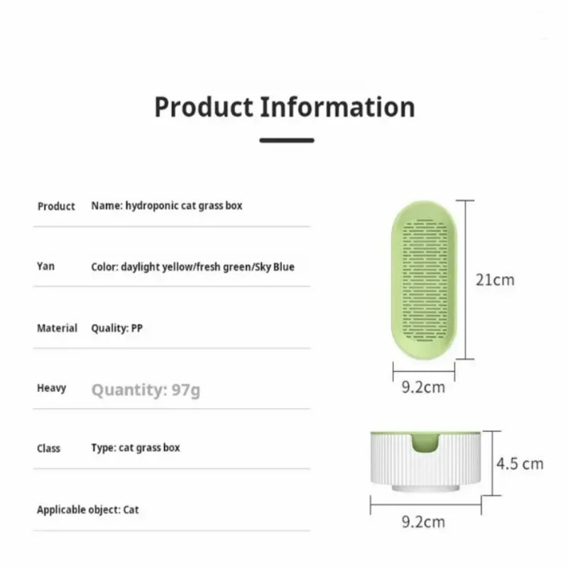Product information for a hydroponic cat grass box with dimensions and material details.