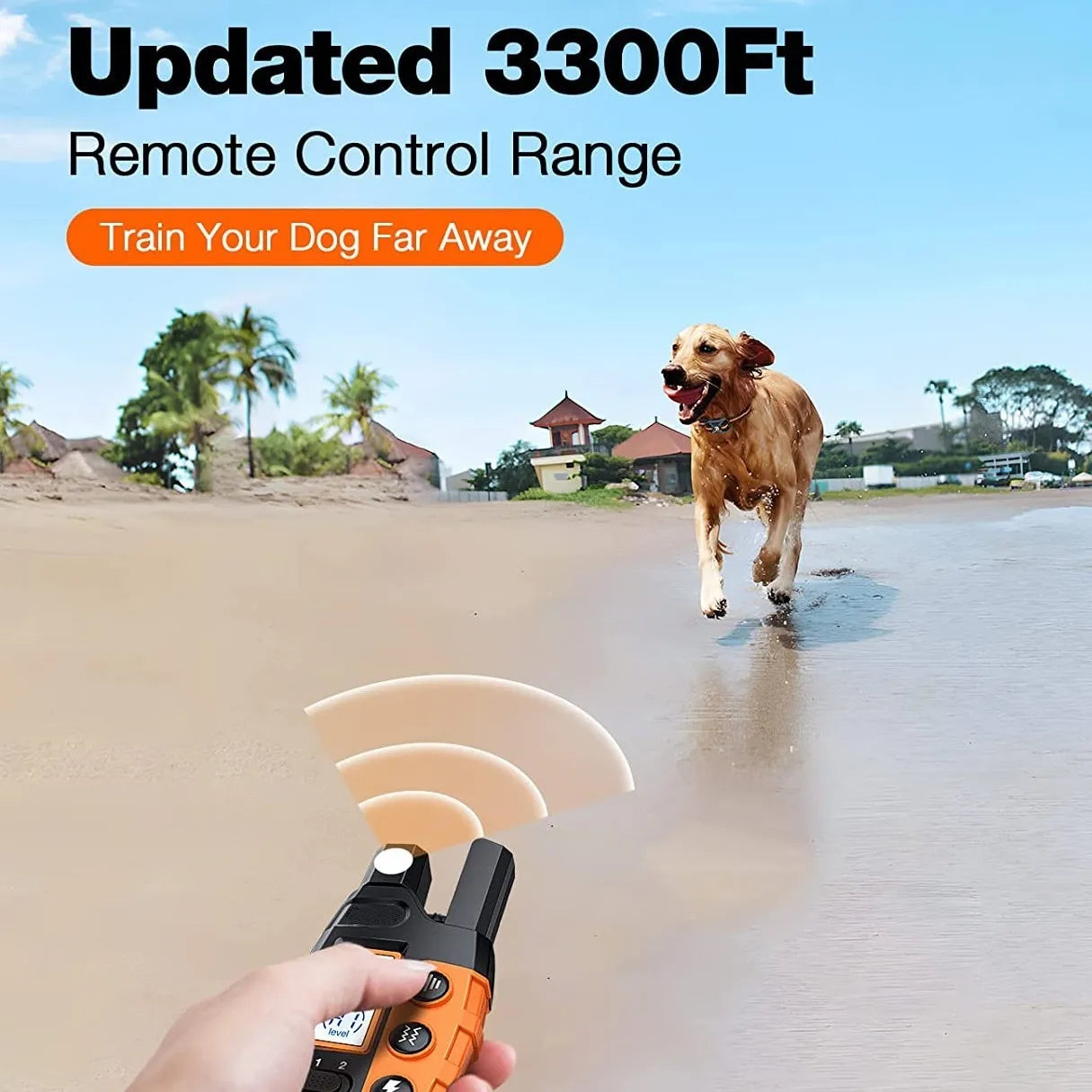 Dog running on a beach with a remote control device in the foreground, labeled 'Updated 3300Ft Remote Control Range'.