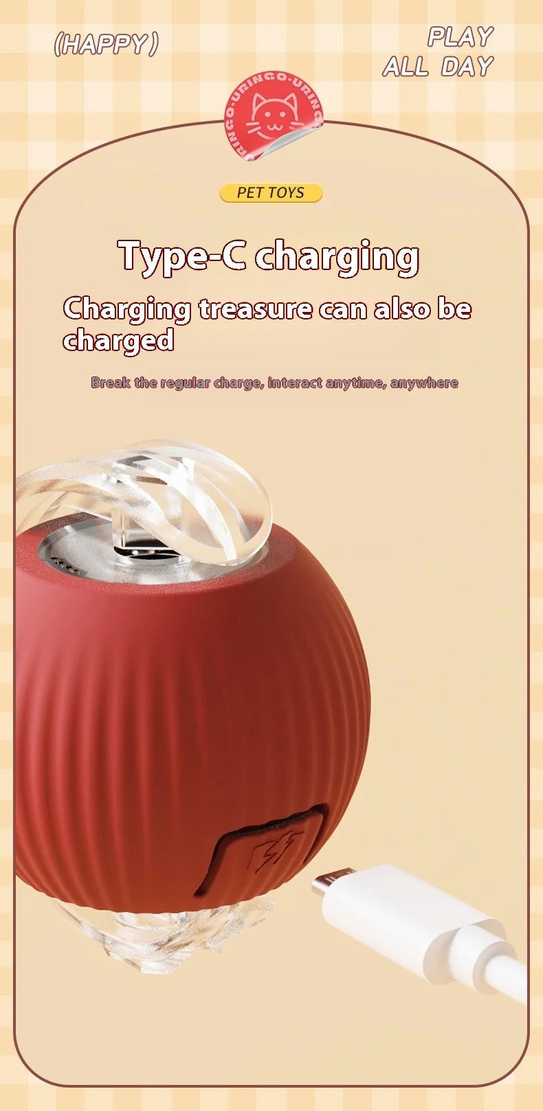Red spherical device with charging cable on a beige background, featuring text about Type-C charging.

