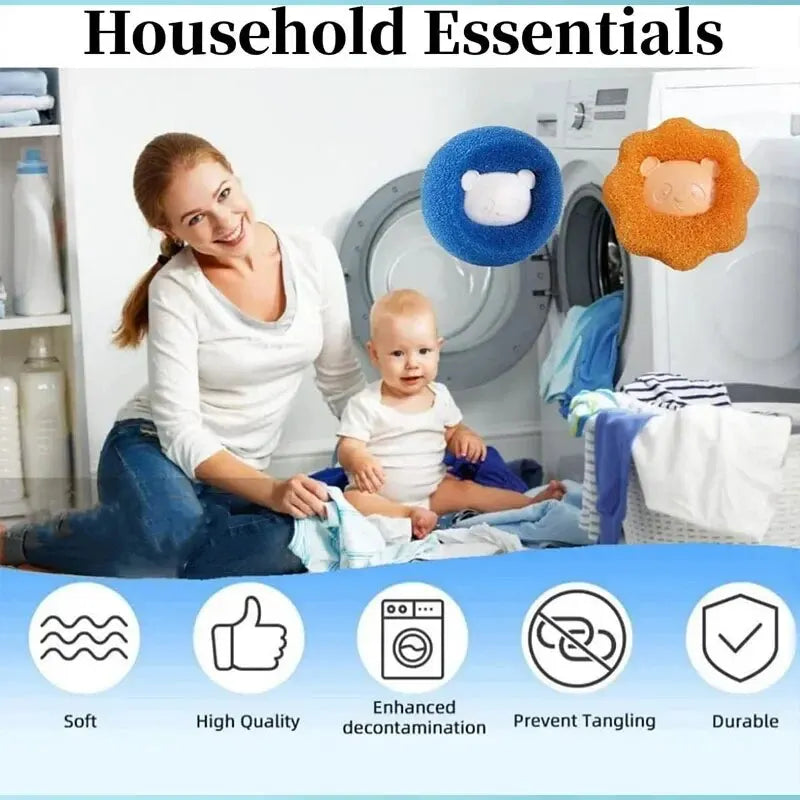 Woman with a baby in a laundry room with household essentials products displayed.

