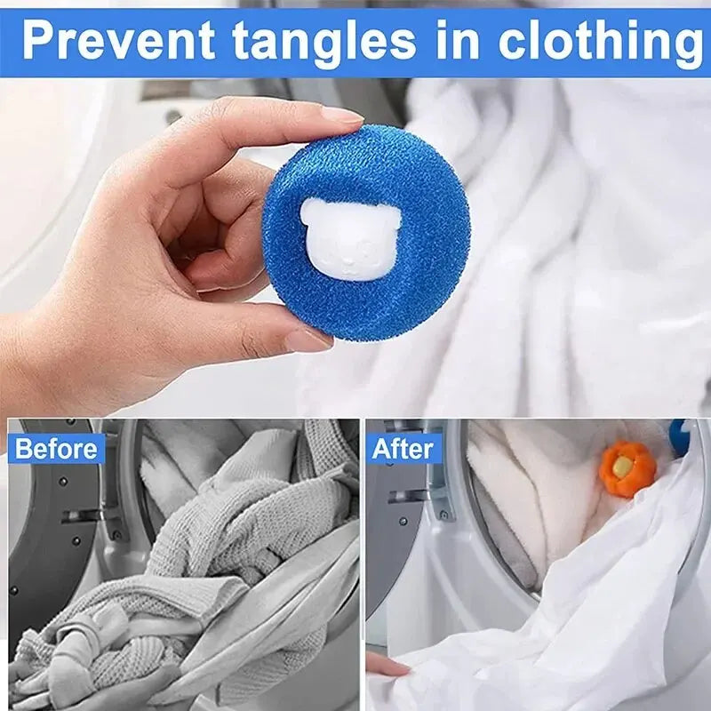 Blue ball with a white bear design held by a hand, showing before and after effects on tangled clothes.

