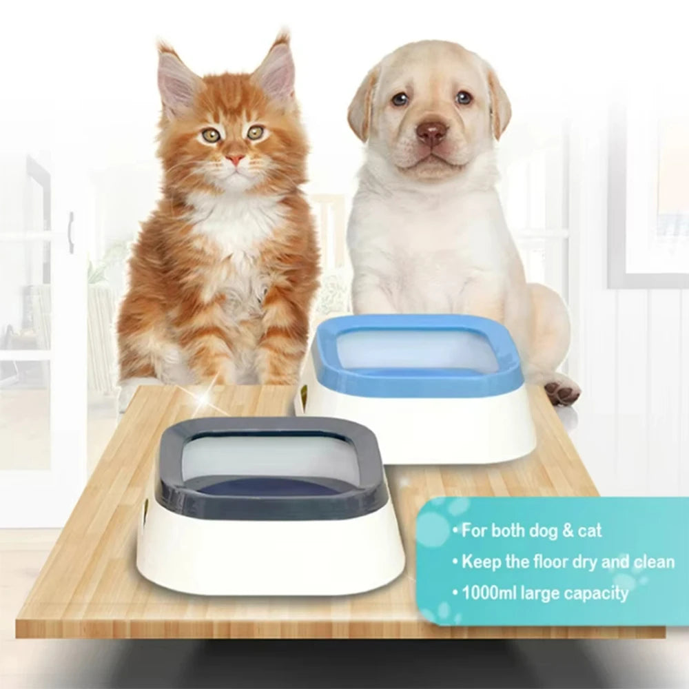 Cat and dog sitting next to pet bowls on a wooden surface with text indicating compatibility for both pets.