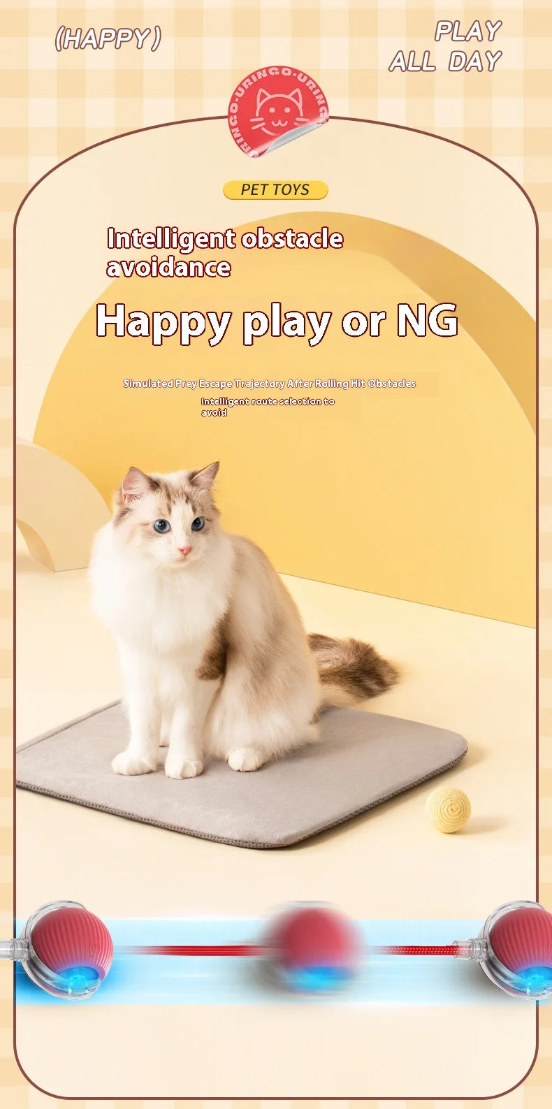 Cat on a mat with text about intelligent obstacle avoidance and play options.

