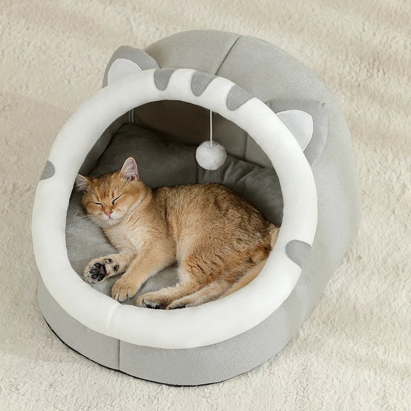 Cat lying inside a gray pet bed with cat ears on a beige carpet


