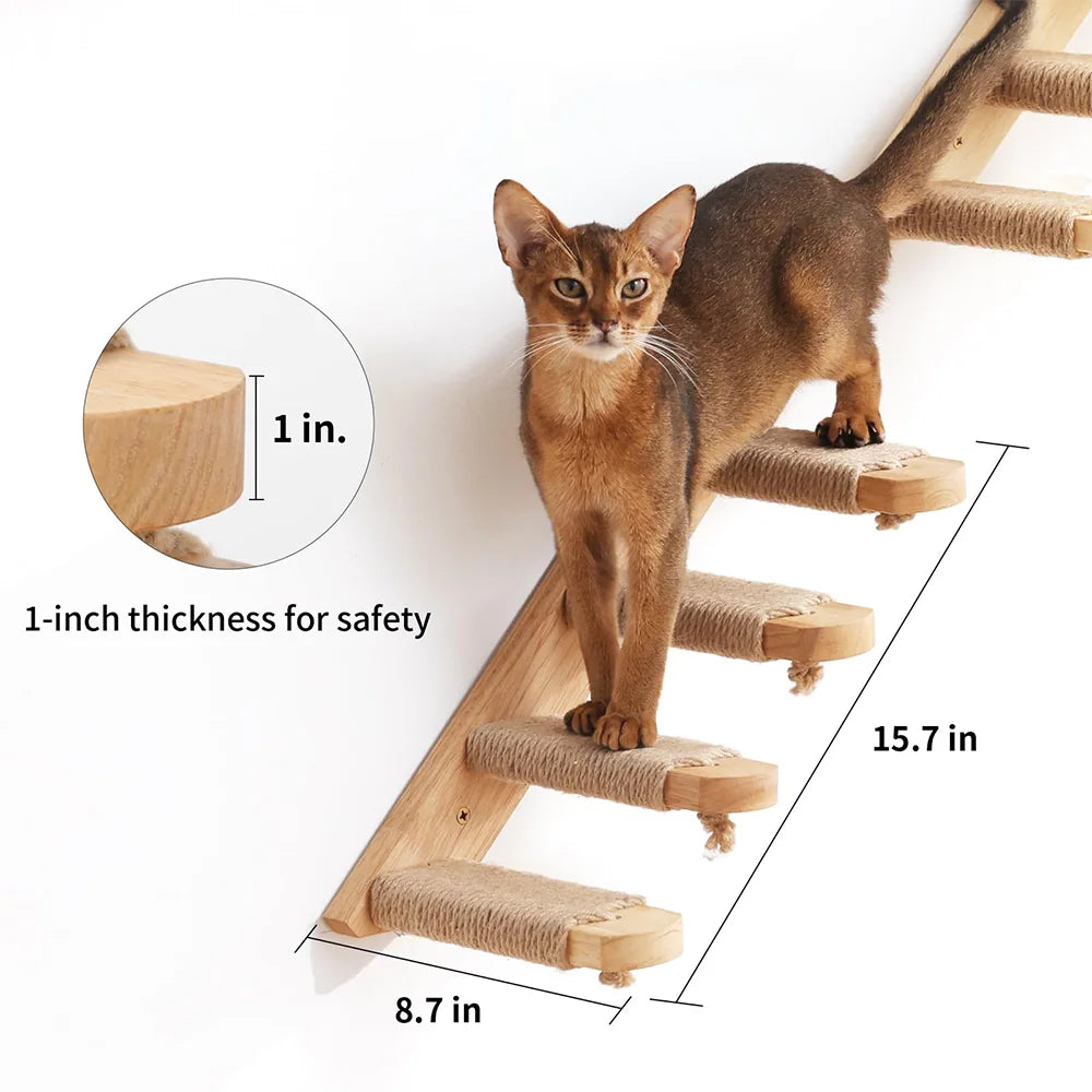 Cat standing on a wooden cat tree with dimensions and safety thickness indicated

