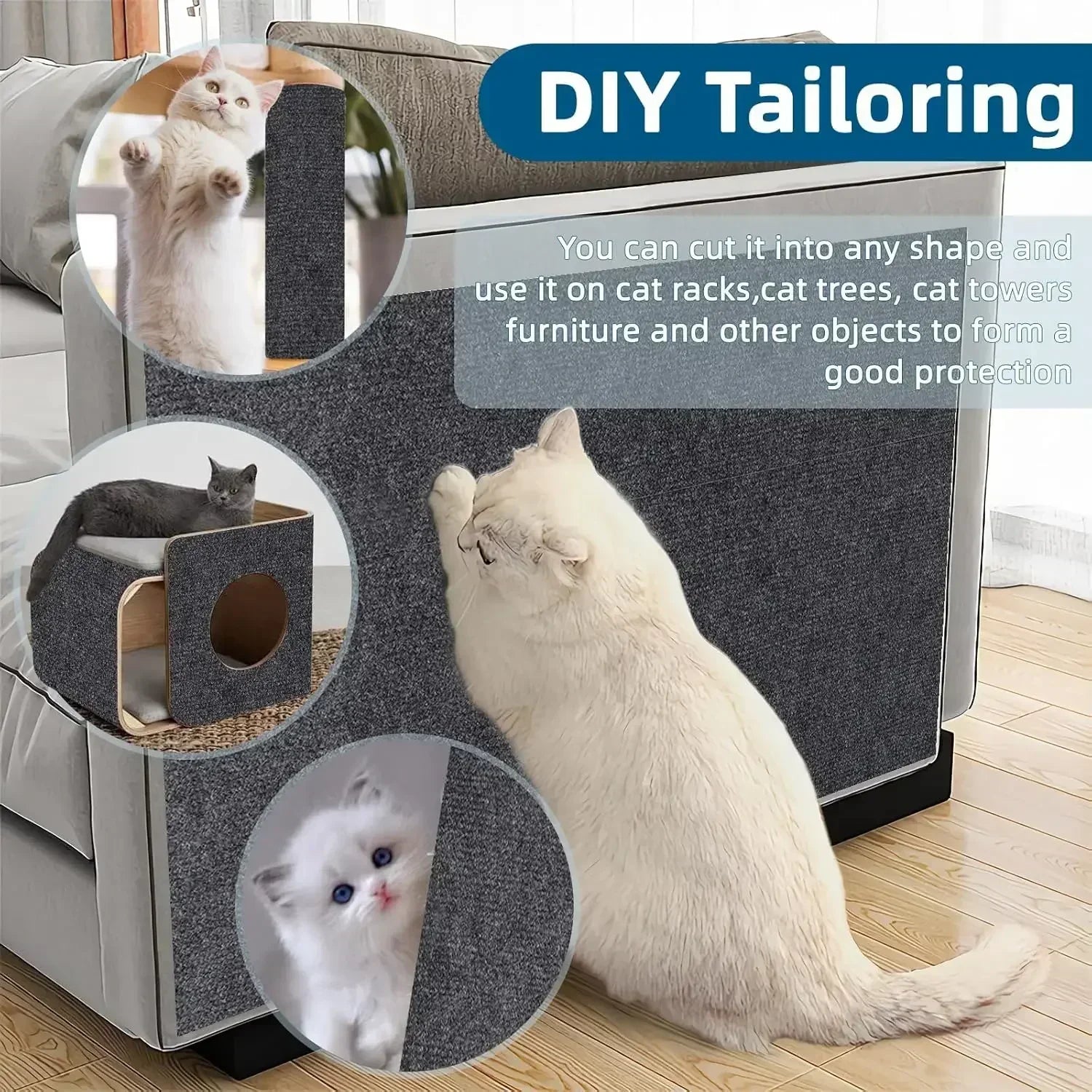 Cat using a DIY tailoring product on a cat tree with text about customization.

