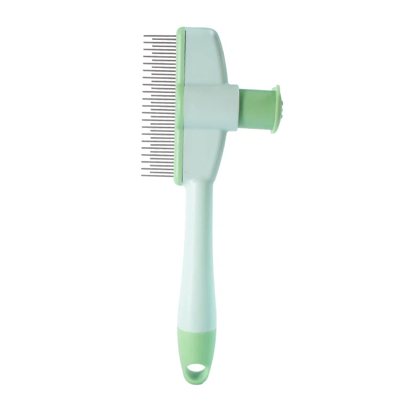 Green pet grooming brush with comb on a white background

