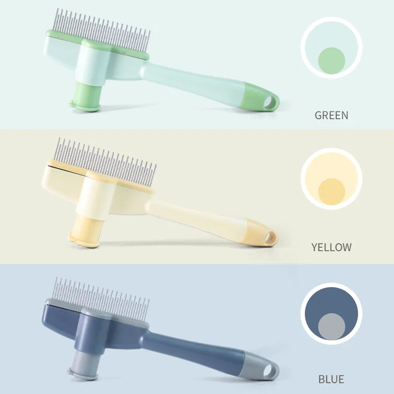 Three grooming brushes in green, yellow, and blue on a light gray background.

