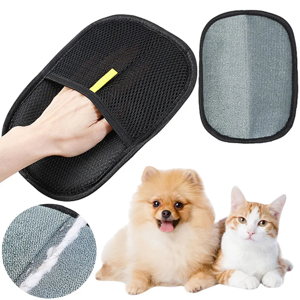 Black grooming mitt with a hand using it, a close-up of the mitt's texture, a dog, and a cat on a white background.

