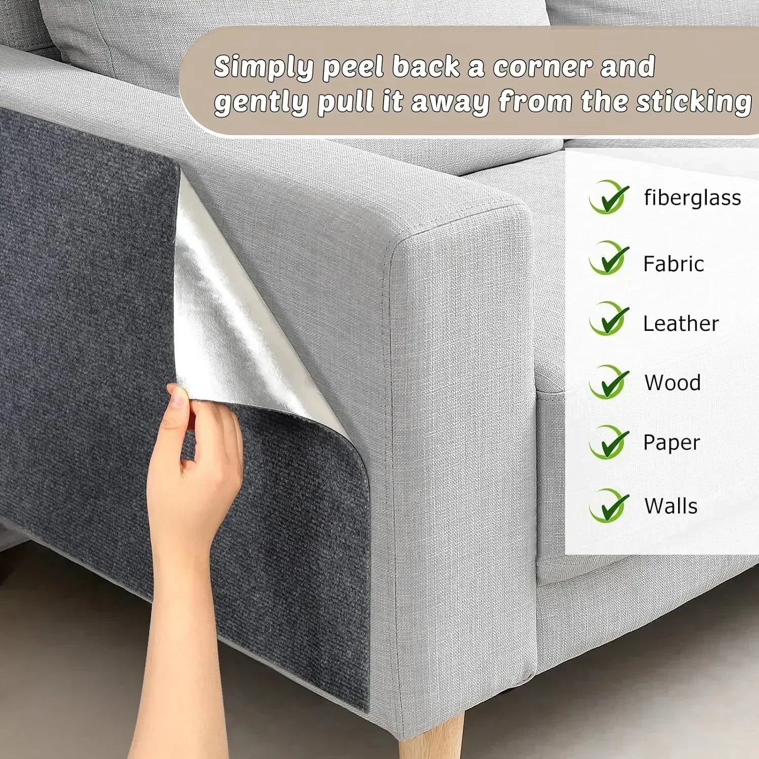 Person peeling back a corner of a gray sofa with text and icons indicating material removal.

