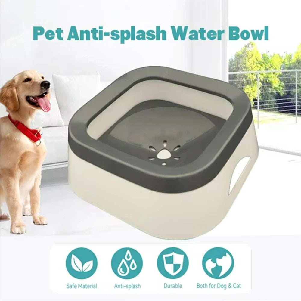 Pet anti-splash water bowl with a dog standing next to it on a white background

