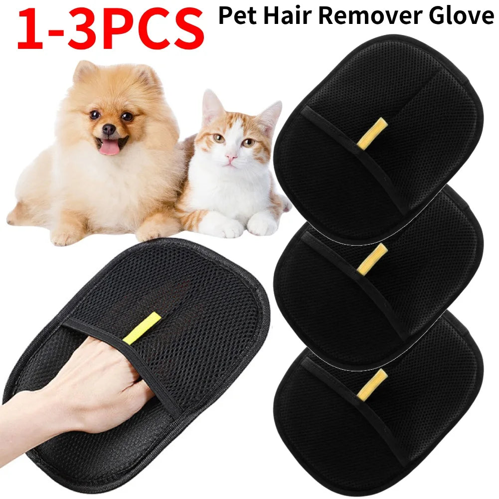 Pet hair remover gloves with a hand wearing one, accompanied by images of a dog and a cat.


