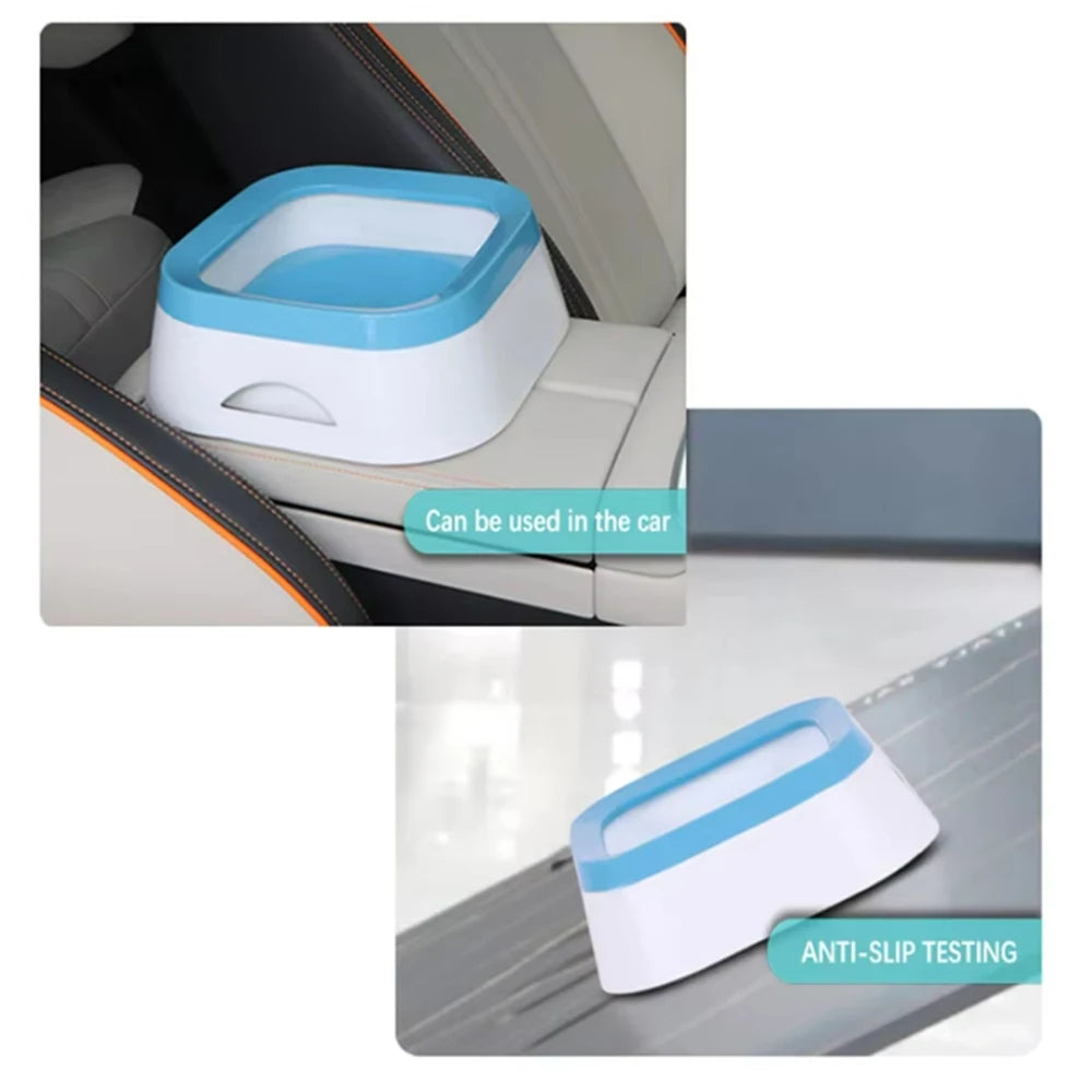 Pet water bowl with blue accents in a car and on a flat surface.