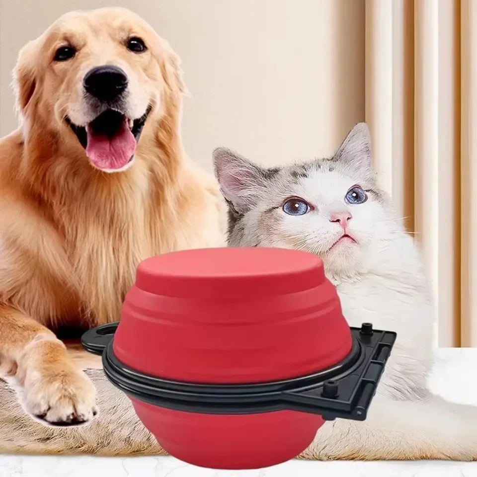 Red collapsible pet bowl with a dog and cat sitting behind it.


