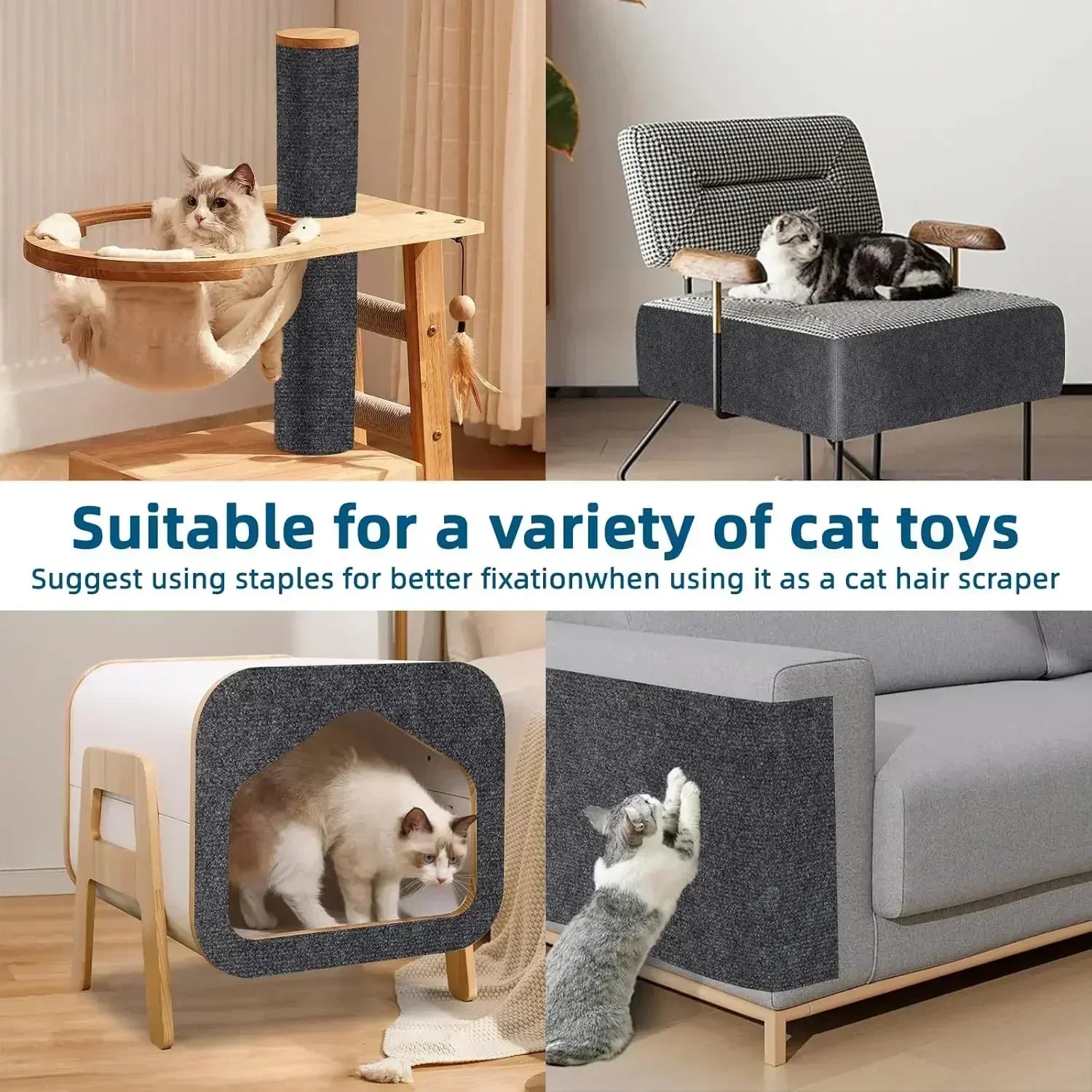 Collage of cat furniture and toys with text about suitability for a variety of cat toys.

