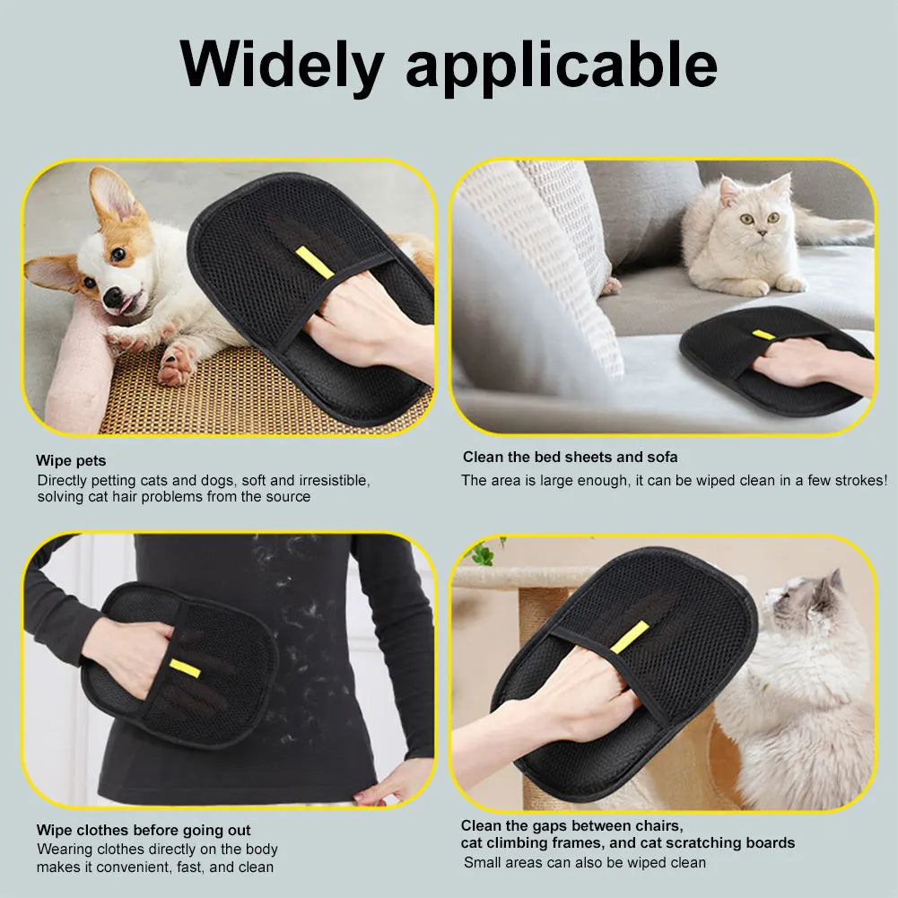 Black pet grooming mitts being used on pets and surfaces with text describing their versatility.

