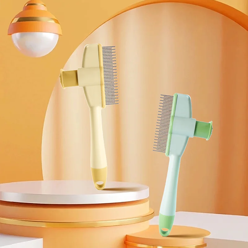 Two combs, one yellow and one green, on a decorative stand with a warm background.